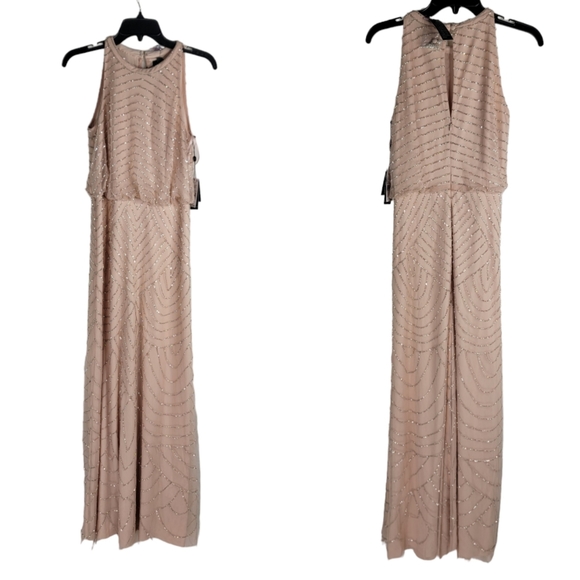 Adrianna Papell Womens size 4 Art Deco Blouson Halter Beaded Blush Pink Dress - Picture 2 of 8